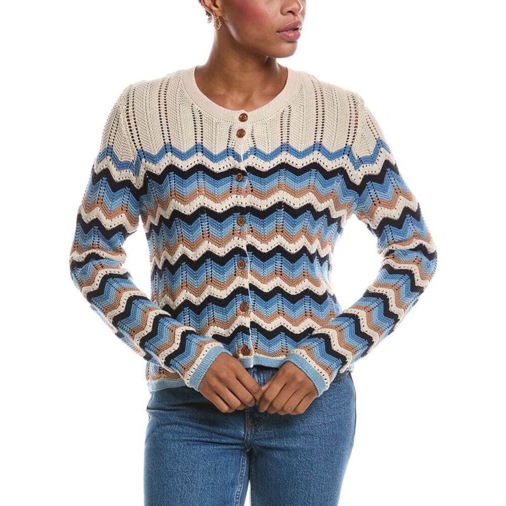 Autumn Cashmere Womens  Boxy Zig Zag Stitch Crewneck Cardigan, Brown